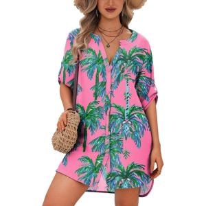 Ekouaer Bathing Suit Cover Up for Women V Neck Button Down Swimsuit Coverup Beach Dress Shirt S-3XL(Watercolor Coconut Tree)