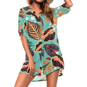Ekouaer Bathing Suit Cover Up for Women V Neck Button Down Swimsuit Coverup Beach Dress Shirt S-3XL(Zw532-tropical Print)