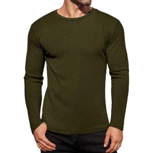 Ekouaer Men’s Long Sleeve Shirts Ribbed Pullover Tees Sim Fit Thermal Tops Crew Neck Stretchy Undershirts S-3XL(Army Green)
