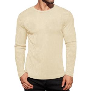 Ekouaer Men’s Long Sleeve Shirts Ribbed Pullover Tees Sim Fit Thermal Tops Crew Neck Stretchy Undershirts S-3XL(Beige)