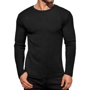 Ekouaer Men’s Long Sleeve Shirts Ribbed Pullover Tees Sim Fit Thermal Tops Crew Neck Stretchy Undershirts S-3XL(Black)