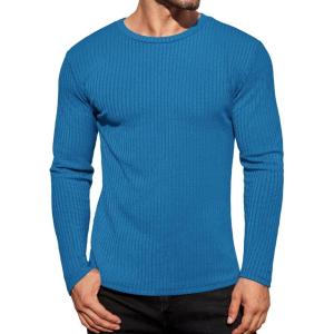 Ekouaer Men’s Long Sleeve Shirts Ribbed Pullover Tees Sim Fit Thermal Tops Crew Neck Stretchy Undershirts S-3XL(Blue)