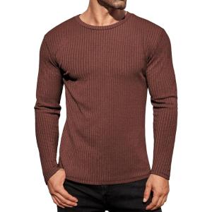 Ekouaer Men’s Long Sleeve Shirts Ribbed Pullover Tees Sim Fit Thermal Tops Crew Neck Stretchy Undershirts S-3XL(Brown)