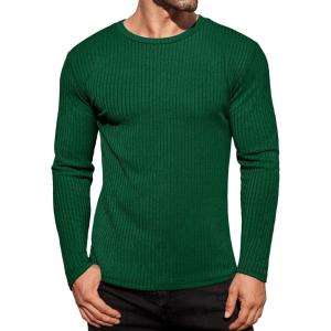 Ekouaer Men’s Long Sleeve Shirts Ribbed Pullover Tees Sim Fit Thermal Tops Crew Neck Stretchy Undershirts S-3XL(Deep Green)