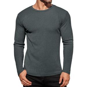 Ekouaer Men’s Long Sleeve Shirts Ribbed Pullover Tees Sim Fit Thermal Tops Crew Neck Stretchy Undershirts S-3XL(Deep Grey)