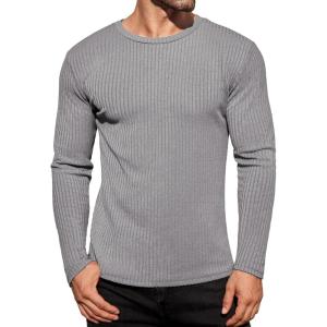 Ekouaer Men’s Long Sleeve Shirts Ribbed Pullover Tees Sim Fit Thermal Tops Crew Neck Stretchy Undershirts S-3XL(Grey)