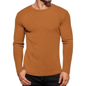 Ekouaer Men’s Long Sleeve Shirts Ribbed Pullover Tees Sim Fit Thermal Tops Crew Neck Stretchy Undershirts S-3XL(Light Brown)
