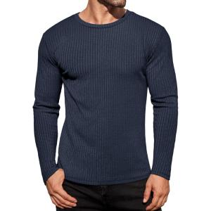 Ekouaer Men’s Long Sleeve Shirts Ribbed Pullover Tees Sim Fit Thermal Tops Crew Neck Stretchy Undershirts S-3XL(Navy Blue)
