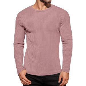 Ekouaer Men’s Long Sleeve Shirts Ribbed Pullover Tees Sim Fit Thermal Tops Crew Neck Stretchy Undershirts S-3XL(Pink)