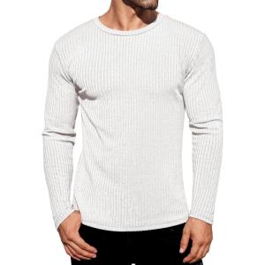 Ekouaer Men’s Long Sleeve Shirts Ribbed Pullover Tees Sim Fit Thermal Tops Crew Neck Stretchy Undershirts S-3XL(White)