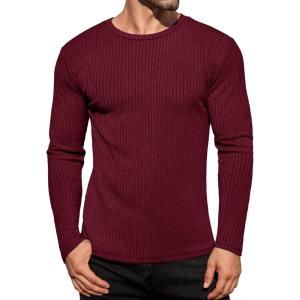 Ekouaer Men’s Long Sleeve Shirts Ribbed Pullover Tees Sim Fit Thermal Tops Crew Neck Stretchy Undershirts S-3XL(Wine Red)
