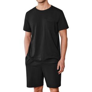 Ekouaer Mens Pajamas Set Cotton Short Sleeve Sleepwear 2 Piece Pj Sets for Men Soft Nightwear with Pockets S-XXL(Black)