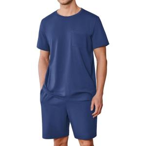 Ekouaer Mens Pajamas Set Cotton Short Sleeve Sleepwear 2 Piece Pj Sets for Men Soft Nightwear with Pockets S-XXL(Deep Blue)