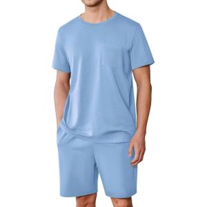 Ekouaer Mens Pajamas Set Cotton Short Sleeve Sleepwear 2 Piece Pj Sets for Men Soft Nightwear with Pockets S-XXL(Light Blue)