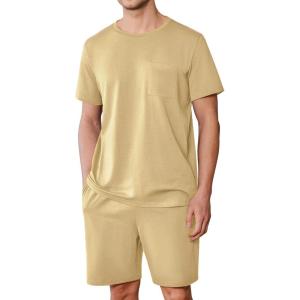 Ekouaer Mens Pajamas Set Cotton Short Sleeve Sleepwear 2 Piece Pj Sets for Men Soft Nightwear with Pockets S-XXL(Light Khaki)