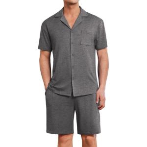 Ekouaer Mens Pajamas Set Short Sleeve Sleepwear Button Down Soft Loungewear 2 Piece Pj Shorts Sets with Pockets(Dark Grey)