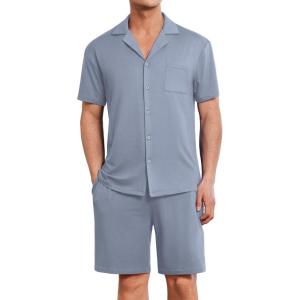 Ekouaer Mens Pajamas Set Short Sleeve Sleepwear Button Down Soft Loungewear 2 Piece Pj Shorts Sets with Pockets(Grey Blue)