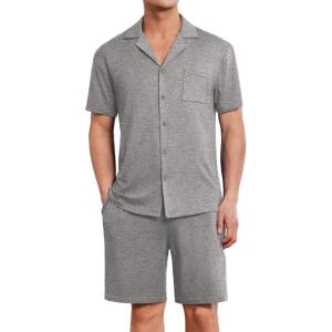 Ekouaer Mens Pajamas Set Short Sleeve Sleepwear Button Down Soft Loungewear 2 Piece Pj Shorts Sets with Pockets(Light Grey)