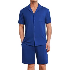 Ekouaer Mens Pajamas Set Short Sleeve Sleepwear Button Down Soft Loungewear 2 Piece Pj Shorts Sets with Pockets(Navy Blue)