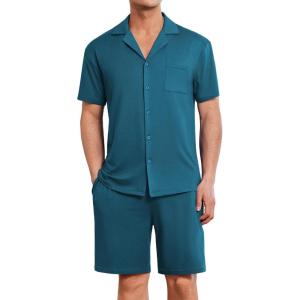Ekouaer Mens Pajamas Set Short Sleeve Sleepwear Button Down Soft Loungewear 2 Piece Pj Shorts Sets with Pockets(Oxford Blue)