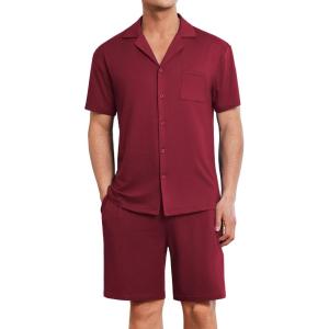 Ekouaer Mens Pajamas Set Short Sleeve Sleepwear Button Down Soft Loungewear 2 Piece Pj Shorts Sets with Pockets(Wine Red)