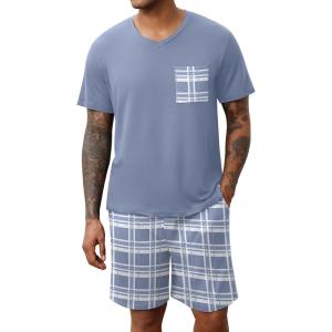 Ekouaer Mens Pajamas Set Soft Lounge Set V Neck Sleep Nightwear Short Sleeve Pjs with Pocket S-XXL(01 Light Blue Plaid)