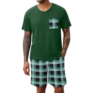 Ekouaer Mens Pajamas Set Soft Lounge Set V Neck Sleep Nightwear Short Sleeve Pjs with Pocket S-XXL(02 Green Plaid)