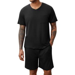 Ekouaer Mens Pajamas Set Soft Lounge Set V Neck Sleep Nightwear Short Sleeve Pjs with Pocket S-XXL(Black)