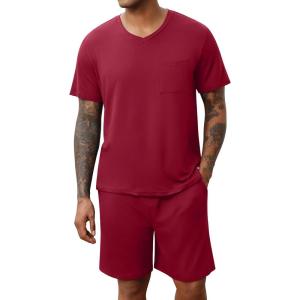 Ekouaer Mens Pajamas Set Soft Lounge Set V Neck Sleep Nightwear Short Sleeve Pjs with Pocket S-XXL(Dark Red)