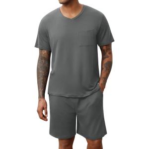 Ekouaer Mens Pajamas Set Soft Lounge Set V Neck Sleep Nightwear Short Sleeve Pjs with Pocket S-XXL(Grey)
