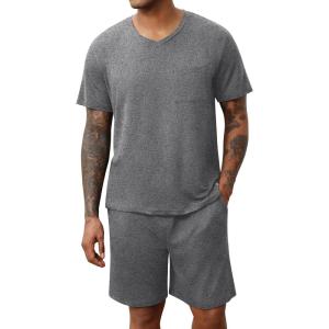 Ekouaer Mens Pajamas Set Soft Lounge Set V Neck Sleep Nightwear Short Sleeve Pjs with Pocket S-XXL(Heather Grey)