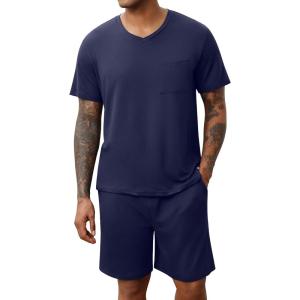 Ekouaer Mens Pajamas Set Soft Lounge Set V Neck Sleep Nightwear Short Sleeve Pjs with Pocket S-XXL(Navy Blue)