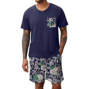 Ekouaer Mens Pajamas Set Soft Lounge Set V Neck Sleep Nightwear Short Sleeve Pjs with Pocket S-XXL(Navy Blue Floral)