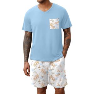 Ekouaer Mens Pajamas Set Soft Lounge Set V Neck Sleep Nightwear Short Sleeve Pjs with Pocket S-XXL(Palm Tree Floral)
