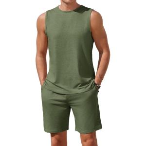 Ekouaer Men’s Pajamas Set Workout Tank Top Pjs Sets with Shorts 2 Piece Soft Sleeveless Casual Sleep Shirts Loungewear S-XXL(Army Green)