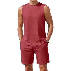Ekouaer Men’s Pajamas Set Workout Tank Top Pjs Sets with Shorts 2 Piece Soft Sleeveless Casual Sleep Shirts Loungewear S-XXL(Dark Red)