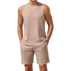 Ekouaer Men’s Pajamas Set Workout Tank Top Pjs Sets with Shorts 2 Piece Soft Sleeveless Casual Sleep Shirts Loungewear S-XXL(Khaki)