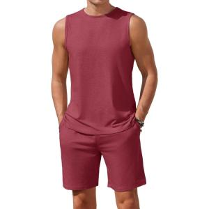 Ekouaer Men’s Pajamas Set Workout Tank Top Pjs Sets with Shorts 2 Piece Soft Sleeveless Casual Sleep Shirts Loungewear S-XXL(Wine Red)