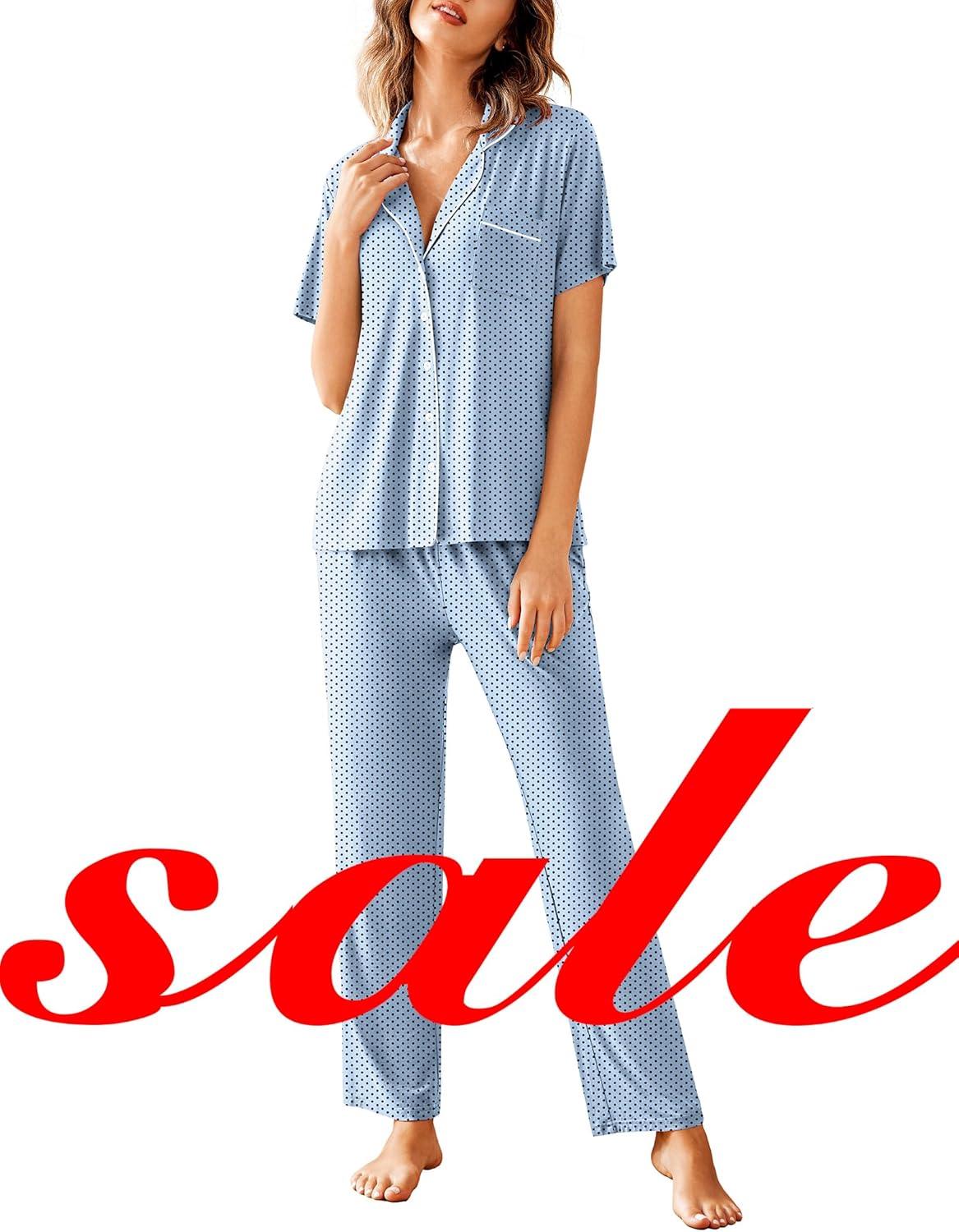 imageAvidlove Women Pajamas Set Notch Collar Soft Sleepwear Pjs Short Sleeve Button Down Nightwear with Long PantsBlue With Black Dots