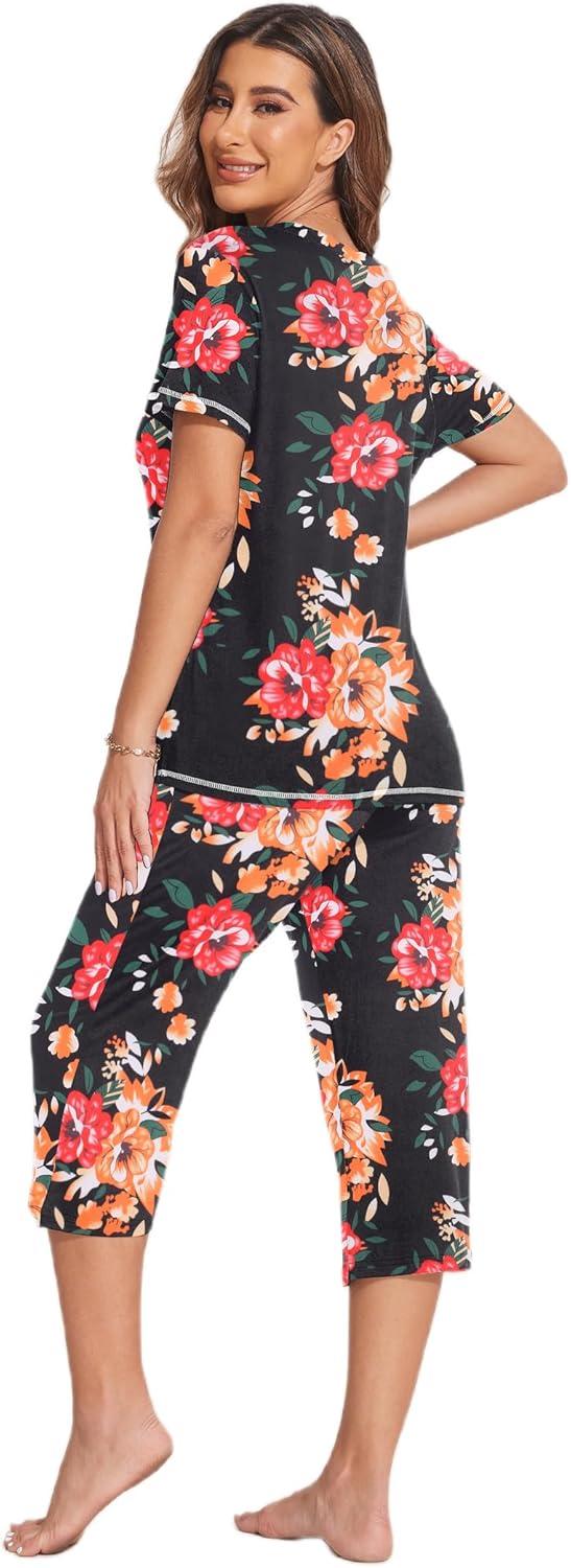 imageEkouaer 2 Pack Womens Capri Pajama Sets Short Sleeve TwoPiece Pjs V Neck Tops amp Pants Printed Lounge Sets S3XLBlack Flowerblack