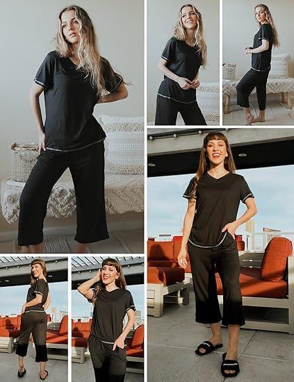 imageEkouaer 2 Pack Womens Capri Pajama Sets Short Sleeve TwoPiece Pjs V Neck Tops amp Pants Printed Lounge Sets S3XLBlack Flowerblack