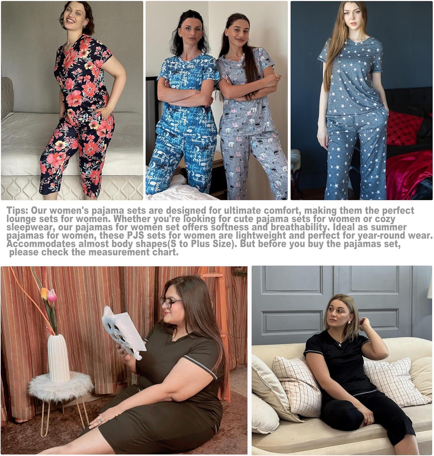 imageEkouaer 2 Pack Womens Capri Pajama Sets Short Sleeve TwoPiece Pjs V Neck Tops amp Pants Printed Lounge Sets S3XLBlack Flowerblack