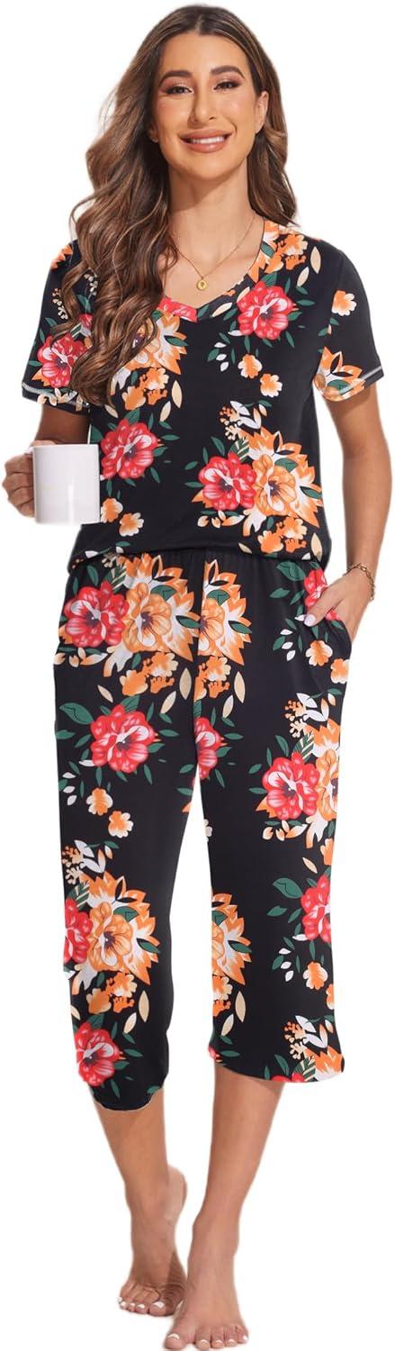 imageEkouaer 2 Pack Womens Capri Pajama Sets Short Sleeve TwoPiece Pjs V Neck Tops amp Pants Printed Lounge Sets S3XLBlack Flowerblack