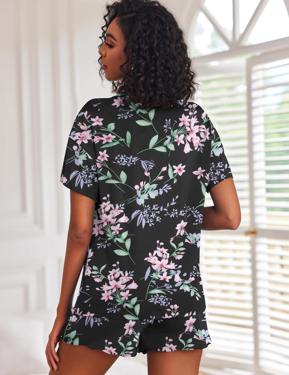 imageEkouaer 2 Pack Womens Pajama Sets Short Sleeve Top with Shorts Soft Comfy Loungewear Sleepwear SXXLBlue FlowersBlack Flowers