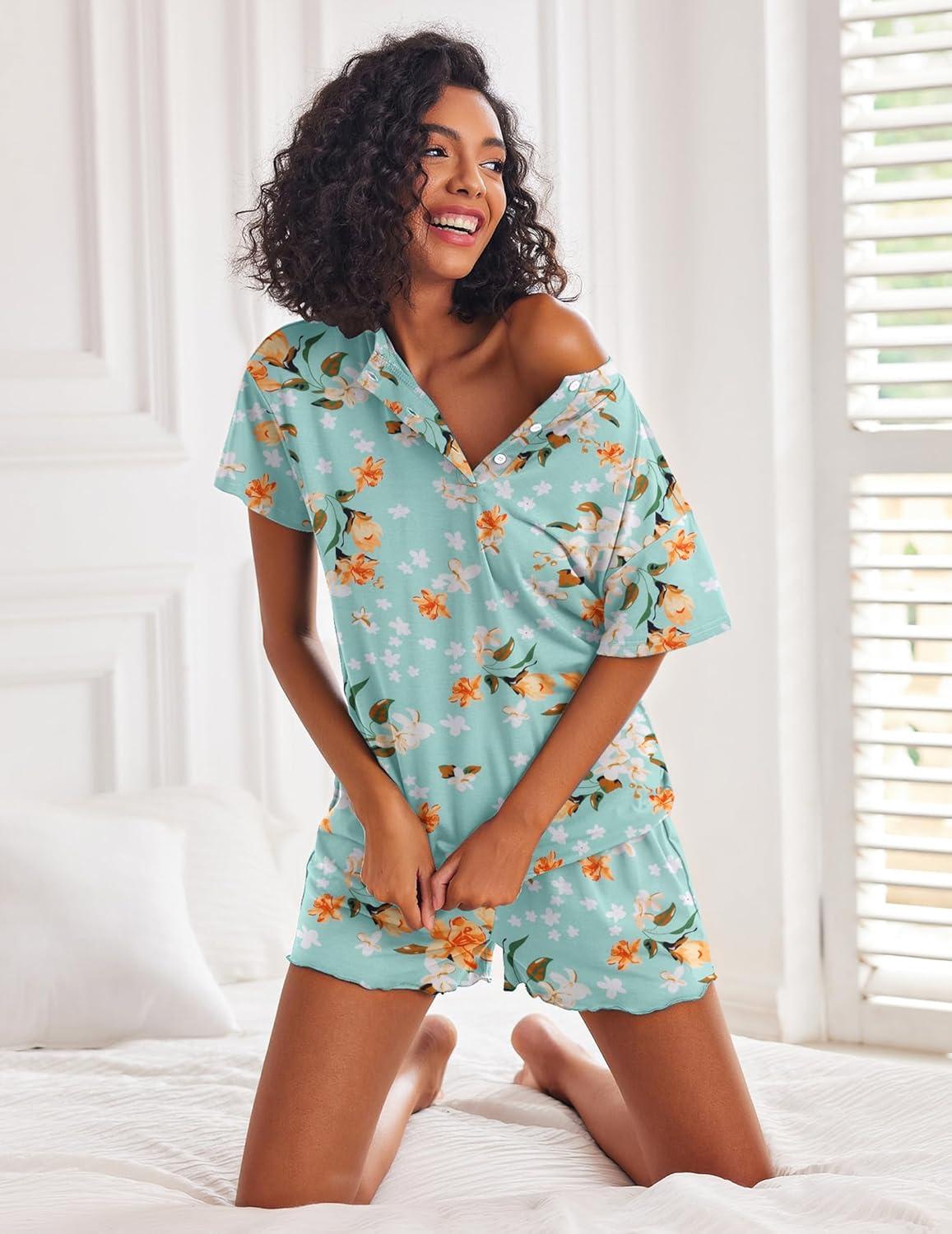 imageEkouaer 2 Pack Womens Pajama Sets Short Sleeve Top with Shorts Soft Comfy Loungewear Sleepwear SXXLBlue FlowersBlack Flowers
