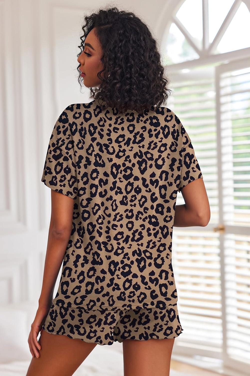 imageEkouaer 2 Pack Womens Pajama Sets Short Sleeve Top with Shorts Soft Comfy Loungewear Sleepwear SXXLGray LeopardBrown Leopard