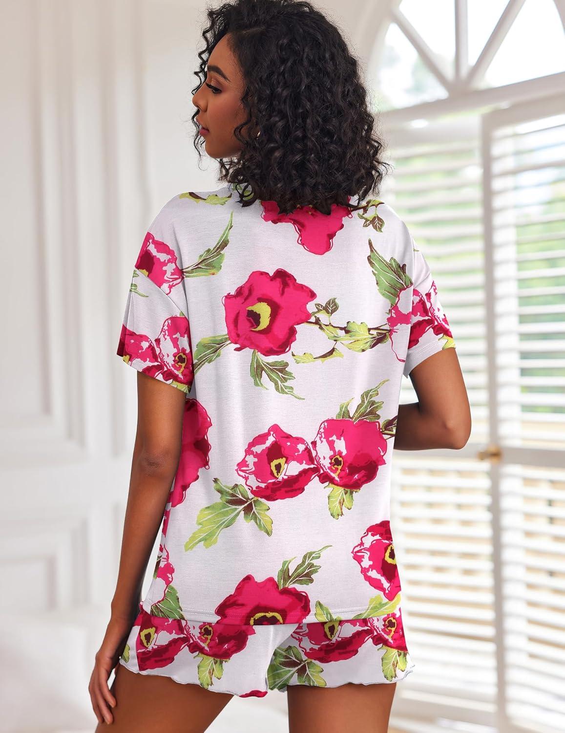 imageEkouaer 2 Pack Womens Pajama Sets Short Sleeve Top with Shorts Soft Comfy Loungewear Sleepwear SXXLRed FlowersPink Flowers