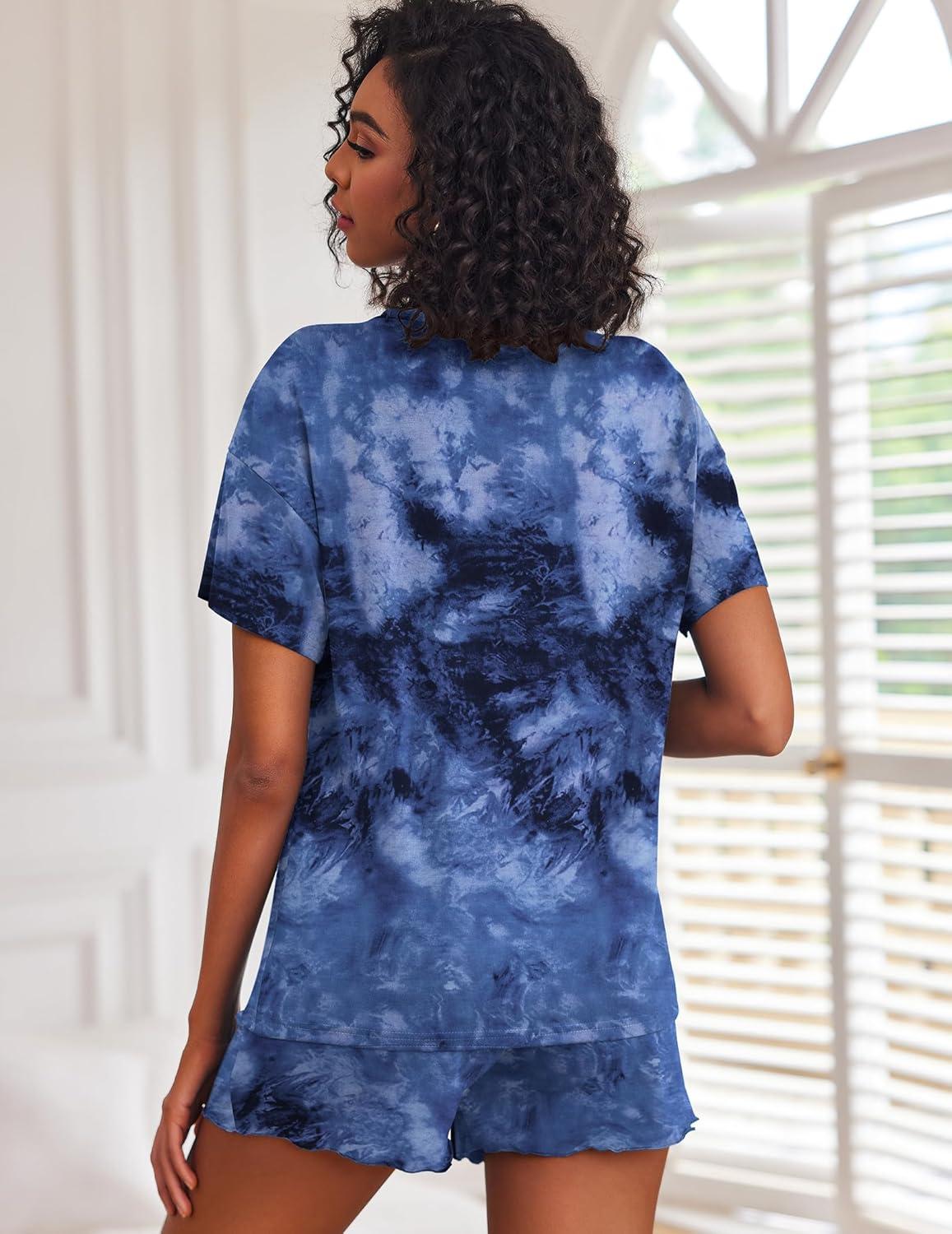imageEkouaer 2 Pack Womens Pajama Sets Short Sleeve Top with Shorts Soft Comfy Loungewear Sleepwear SXXLTie Dye BlueBlack Sky