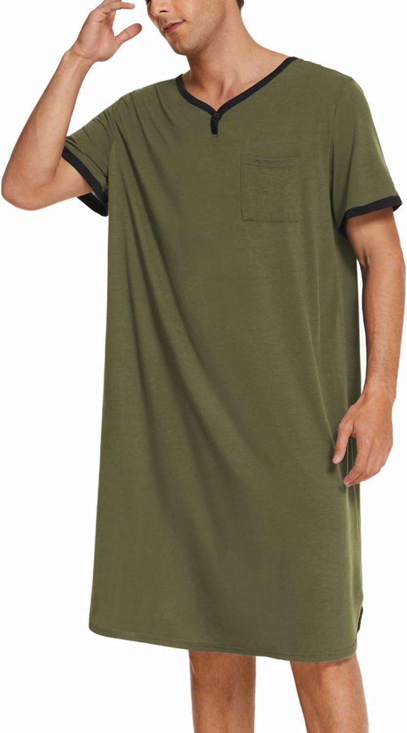 imageEkouaer Mens Nightshirt Nightwear Comfy BigampTall Short Sleeve Henley Sleep ShirtArmy Green