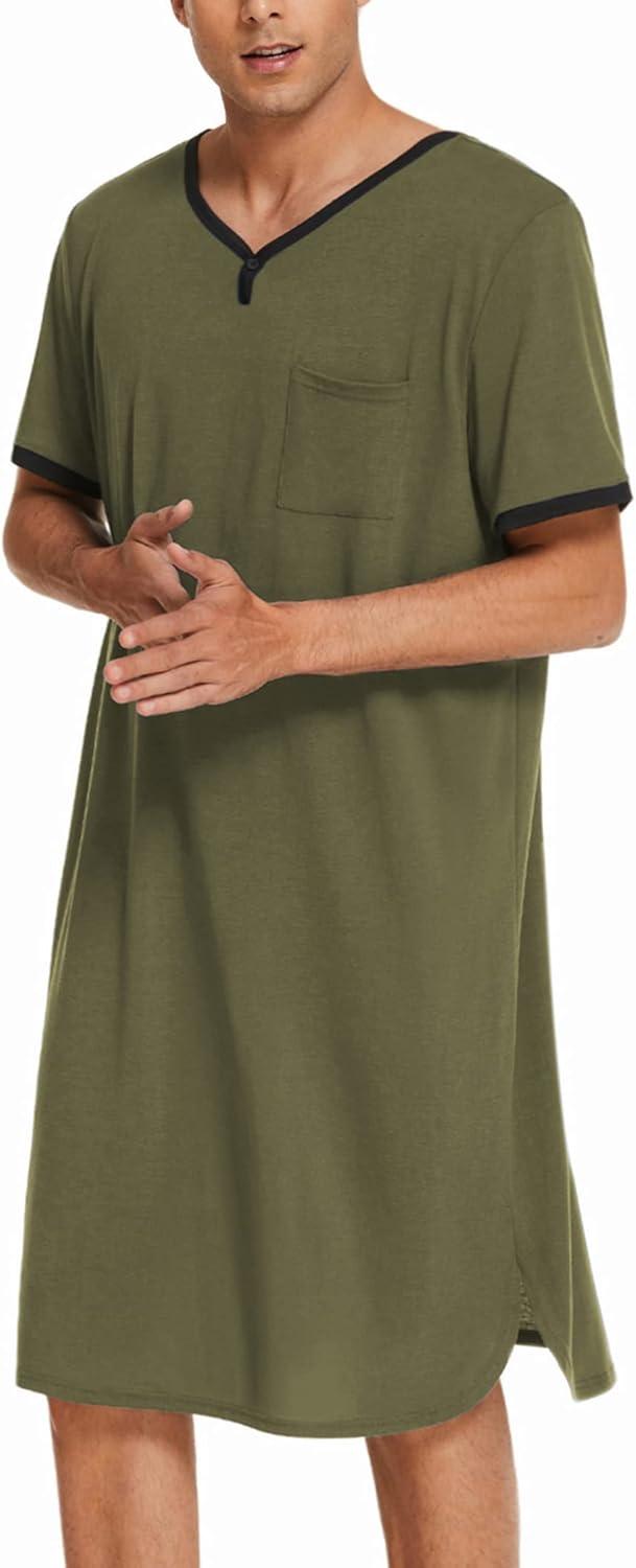 imageEkouaer Mens Nightshirt Nightwear Comfy BigampTall Short Sleeve Henley Sleep ShirtArmy Green